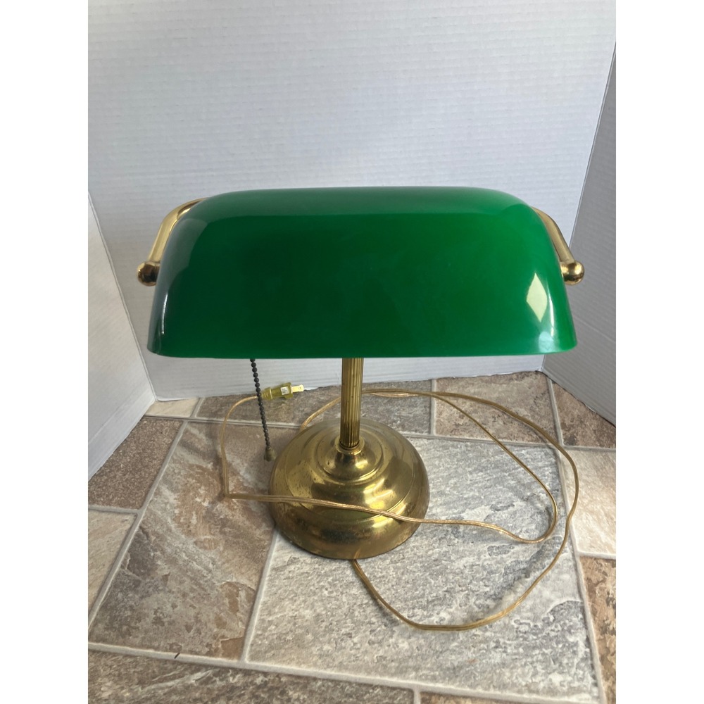 Vintage Brass Bankers Lamp Green Glass Shade Pull Chain Desk Lamp‎